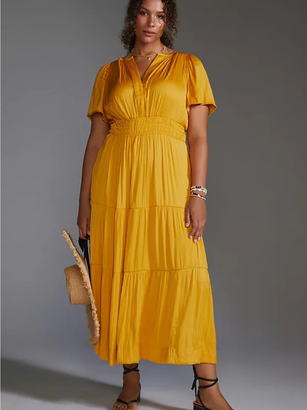 Anthropologie Somerset Yellow Satin Tiered Midi Dress
